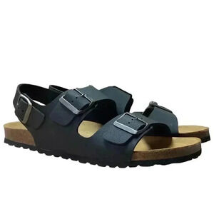 Plakton Baku Mens 10.5 44 Slingback 2 Strap Cork Sandals Black Soft Footbed NEW